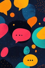 Colorful speech bubbles and dots on dark abstract background design
