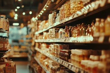 Fototapeta premium Blurred background of an indoor supermarket with shelves full of products, light and shadow effects, neutral tones, wide-angle lens, bright lighting, product display area in the foreground