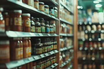 Blurred background of an indoor supermarket with shelves full of products, light and shadow effects, neutral tones, wide-angle lens, bright lighting, product display area in the foreground