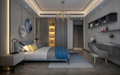 3d render of modern hotel room bedroom