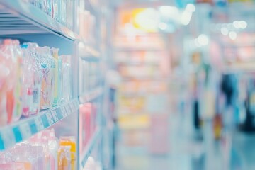 Blurred background of an indoor supermarket with shelves full of products, blurred background for design and text layout. Stock photo, suitable for placing a title at the top.