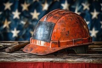 Labor Day theme with a US flag backdrop, a hard helmet, and tools. Generative Ai
