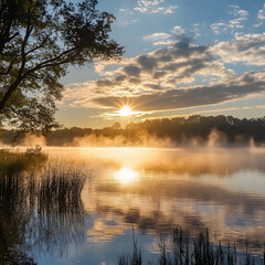 "A Lake at Sunrise with Mist Rising from the Water and the First Rays of Sun Illuminating the Scene, Symbolizing New Life, Serene and Peaceful"