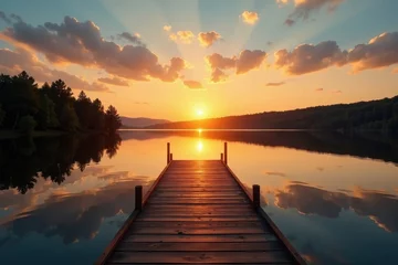  Golden sunset reflects on calm lake water, dock extends into view , peaceful, scene © nattapong