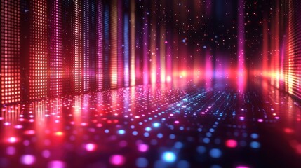 Abstract Digital Lights Background with Glowing Particles and Colorful Reflections