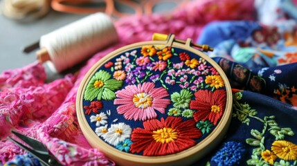 Colorful Floral Embroidery On Dark Fabric Background Design by Needlepoint Craftswoman using Threads for Decorations for Home Decor or Gift Items with Stitching and Embroidery Hoop Technique Using