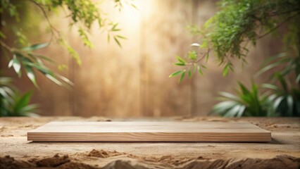 Serene Wooden Platform on Sandy Surface with Lush Greenery Backdrop