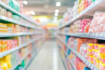 Fototapeta premium Blurred background of an indoor supermarket with shelves full of products. Abstract blurred background in pastel colors for design and graphic art, no people, shelves.