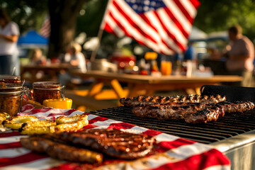 Backyard barbecue with grilled food, an American flag, and a festive picnic scene