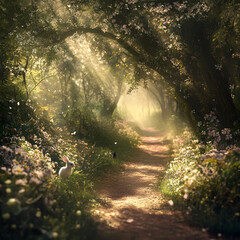 A forest path lined with blooming flowers, sunlight filtering through the trees, and a rabbit hopping along. Magical, whimsical