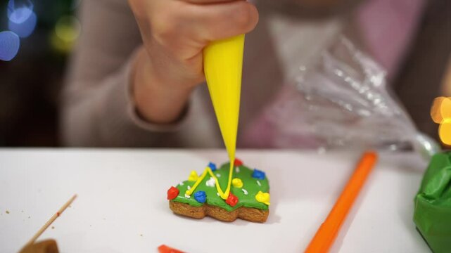 Cook decorates the gingerbread pattern with a pastry bag