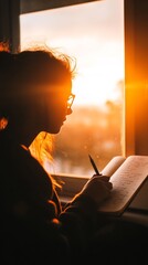 Woman writing goals journal window sunlight glow