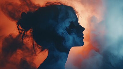 Ethereal woman silhouette blending with mystic clouds and vibrant colors