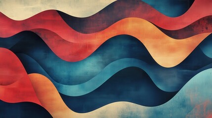 Obraz premium Colorful abstract background featuring a vintage aesthetic with flowing wavy shapes and a grunge texture overlay, evoking a sense of nostalgia and retro design