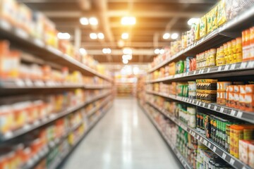 Blurred background of an indoor supermarket with shelves full of products, light and shadow effects, neutral tones, wide-angle lens, bright lighting, product display area in the foreground, 