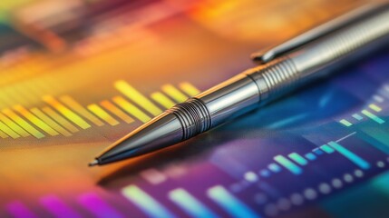 A silver pen resting on top of colorful financial charts, statistics, economy