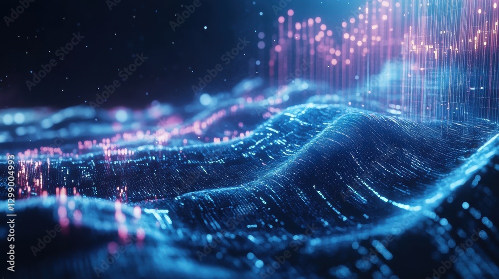 Poster digital waterfall cascading into a lake of charts and graphs, flow of efficient business data