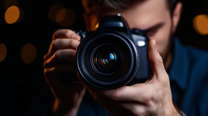 Photographer focusing through a camera lens with bokeh background effects.