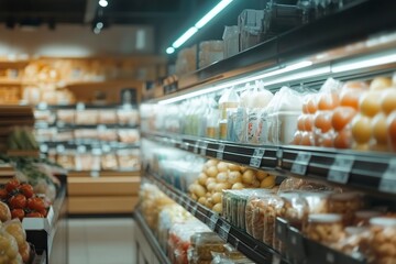 Blurred background of an indoor supermarket with shelves full of products, light and shadow effects, neutral tones, wide-angle lens, bright lighting, product display area in the foreground, 