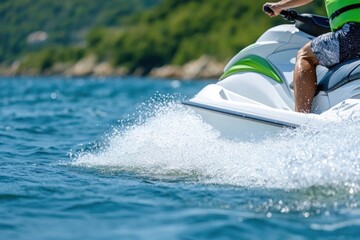 Naklejka premium Personal watercraft creating a splash on a lake, a man riding a jet ski on blue water.