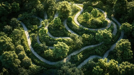 Aerial view of a green labyrinth with trees and winding paths in the garden