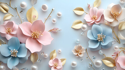 3D wallpaper with blue and pink flowers, golden leaves, and pearls 
