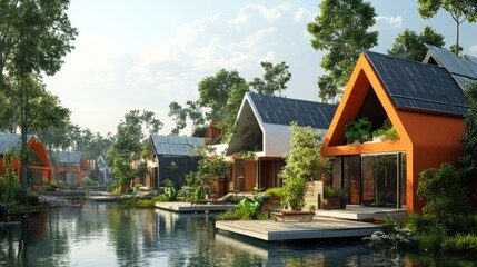 Obraz premium Cityscape with eco-friendly houses in a whimsical rendering , cityscape, eco-friendly
