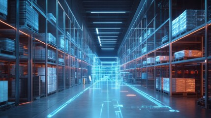 Obraz premium A futuristic tech retail warehouse visualizes and digitalizes industry 4.0 processes analyzing goods. Stock generated from sensor data.