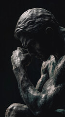 Fototapeta premium Photo of an expressive bronze sculpture of a contemplative male figure, seated with his head resting on his hand, Generative AI