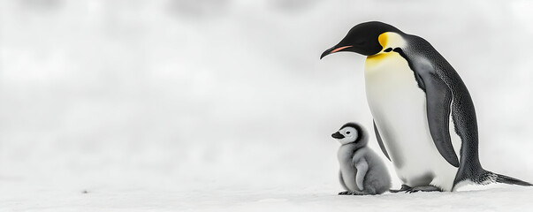 Naklejka premium Emperor penguin with a fluffy chick standing on Antarctic snow