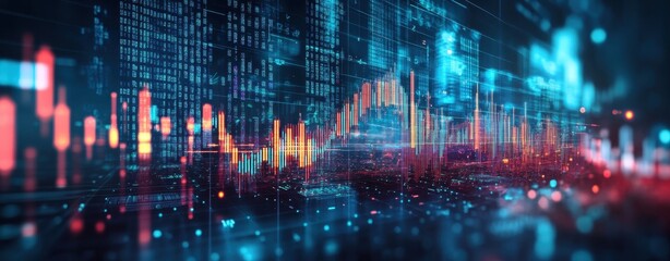 Futuristic digital data visualization with vibrant colorful graphs and numbers.