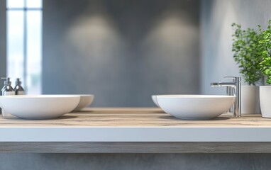Blurred bathroom interior with an empty white tabletop for product display montage, blurred background of a modern bathroom interior with a double sink and mirror. 