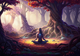 Spiritual figure meditating with glowing chakras and energy alignment in a magical forest setting.