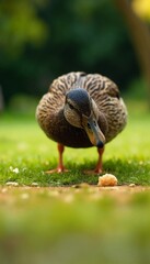 Fototapeta premium Female Mallard Duck Curiously Observing Food on Grassy Ground