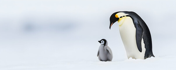 Obraz premium Emperor penguin with a fluffy chick standing on Antarctic snow