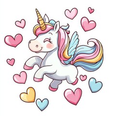 Obraz premium Adorable cartoon unicorn with wings and hearts in pastel theme