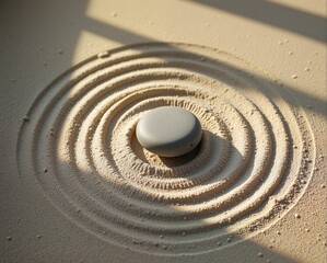 A serene zen garden featuring a smooth stone surrounded by concentric circles raked into the sand, creating a calming and meditative atmosphere.