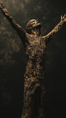 Photo of a towering bronze statue of a tormented figure with outstretched arms, conveying anguish and despair, with dramatic lighting emphasizing the raw textures and emotional intensity
Generative AI