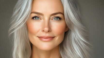 Close Up Portrait of a Smiling Woman with Gray Hair and Blue Eyes