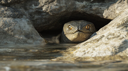 Obraz premium A curious snake emerges from a rocky underwater cave, its head partially submerged in the water, as it stares directly at the viewer.