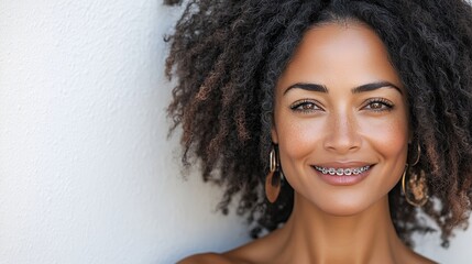 Close Up Portrait of a Smiling Young Woman with Curly Hair and Freckles