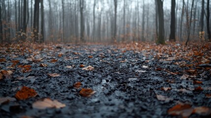 Muddy forest path on autumn day, misty background, nature walk