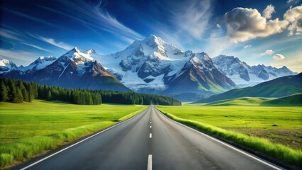 Naklejka premium Asphalt Road Leading to Majestic Snow-Capped Mountain Range Under a Vibrant Sky