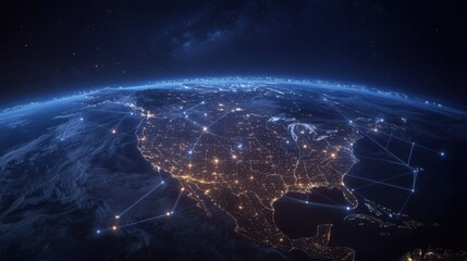 Obraz premium Network connections across North America at night - Illuminated network connections highlighting major cities and interactions across the North American continent during night time