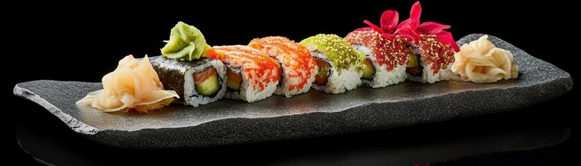 Colorful Rainbow Sushi Rolls On A Dark Gray Textured Plate With Garnishes And Presentation For Fine Dining Experience And Gourmet Appetizer Food Photography Style With Fresh Seafood And Rice On