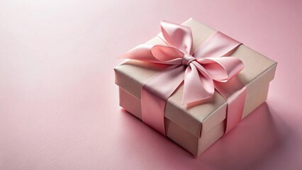 Fototapeta premium A delicately tied pink ribbon adorns a blush-toned gift box, resting on a soft pink surface, symbolizing a thoughtful present