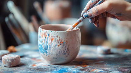 Obraz premium Ceramic Art: Hand paints vibrant designs on a pottery piece, showcasing creativity and skill. Brushstrokes add color to the vessel in a studio setting.