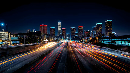 Obraz premium Dramatic Night Cityscape with Illuminated Skyscrapers and Streaking Traffic Lights