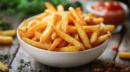 golden french fries in a white bowl isolated,cartoon