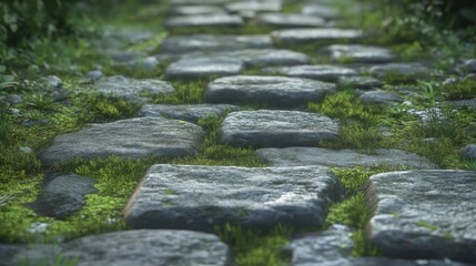 Naklejka premium Moss-covered cobblestone path through lush greenery